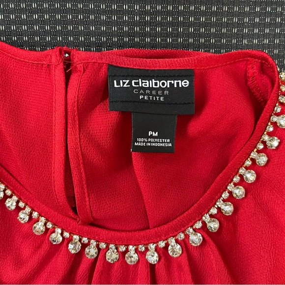 Liz Claiborne Career Petite True Red Jeweled Diamond Collar Blouse Size Medium - Picture 6 of 6